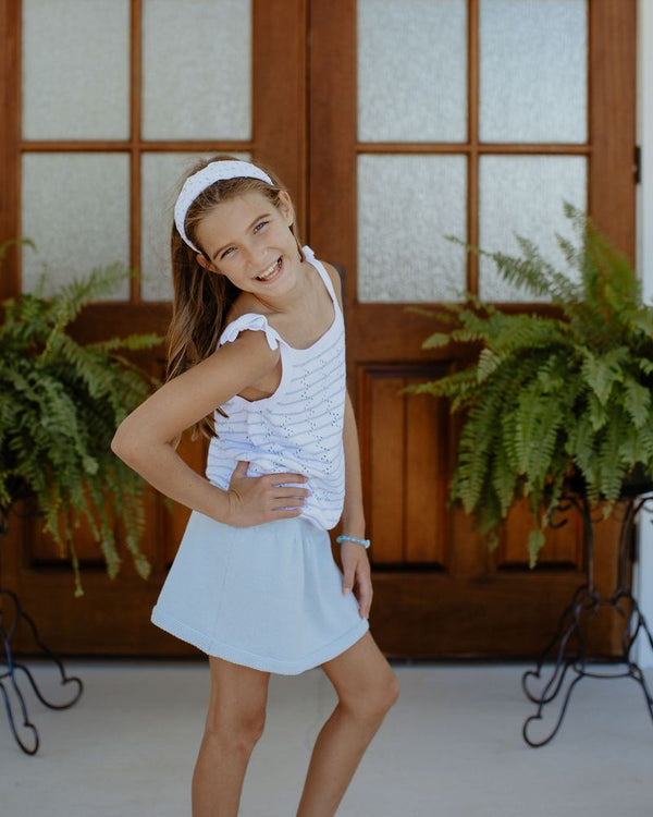 Tank Top W/ Tie Straps- White/Light Blue