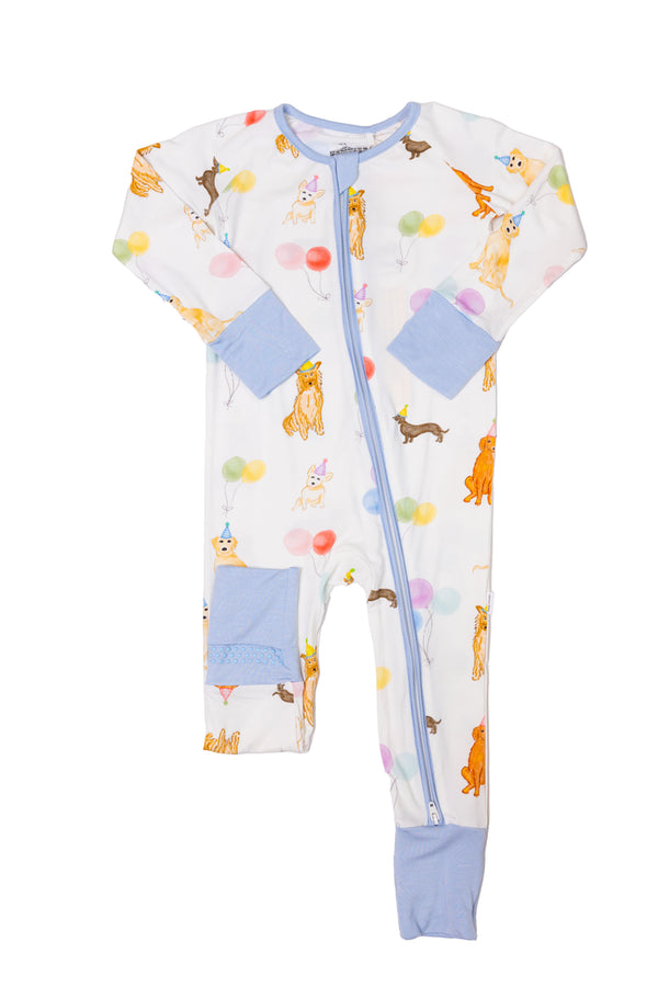 Dog Party Sleep Romper- Blue