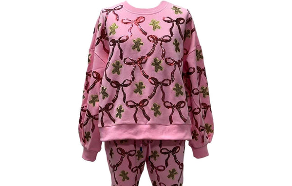 Light Pink Gingerbread Men & Bows Sweatshirt- Women's