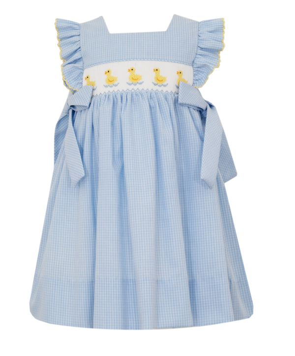 Ducks W/ Side Bows Dress- Blue Check