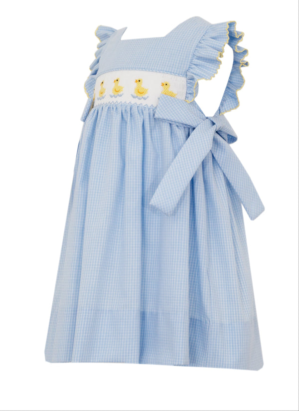 Ducks W/ Side Bows Dress- Blue Check