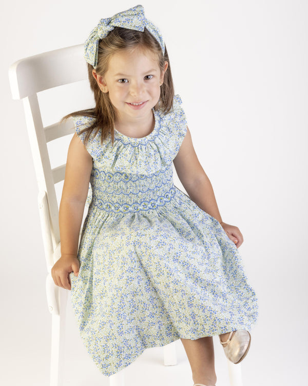 Tiny Floral Smocked Dress- Blue