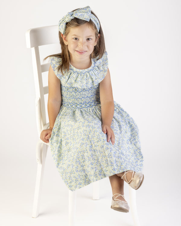 Tiny Floral Smocked Dress- Blue