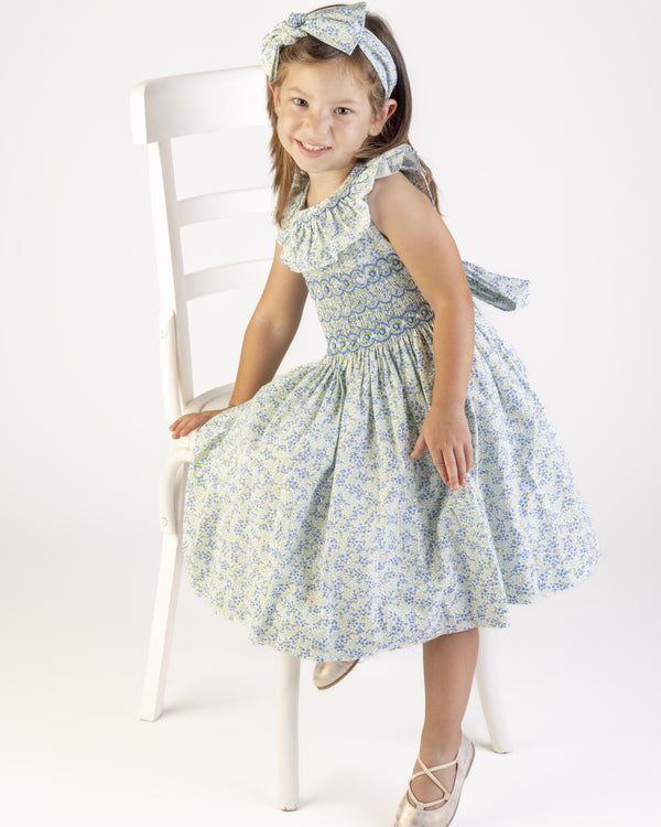 Tiny Floral Smocked Dress- Blue