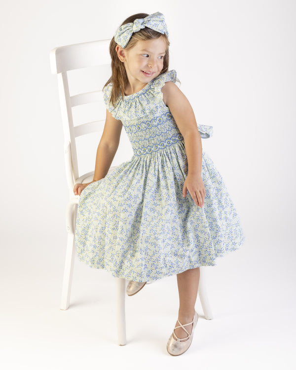 Tiny Floral Smocked Dress- Blue