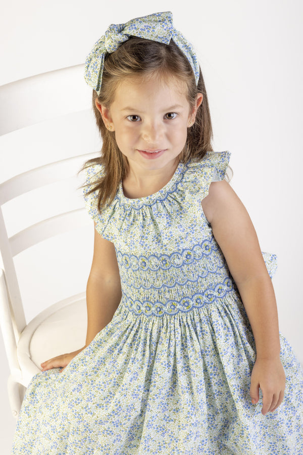 Tiny Floral Smocked Dress- Blue