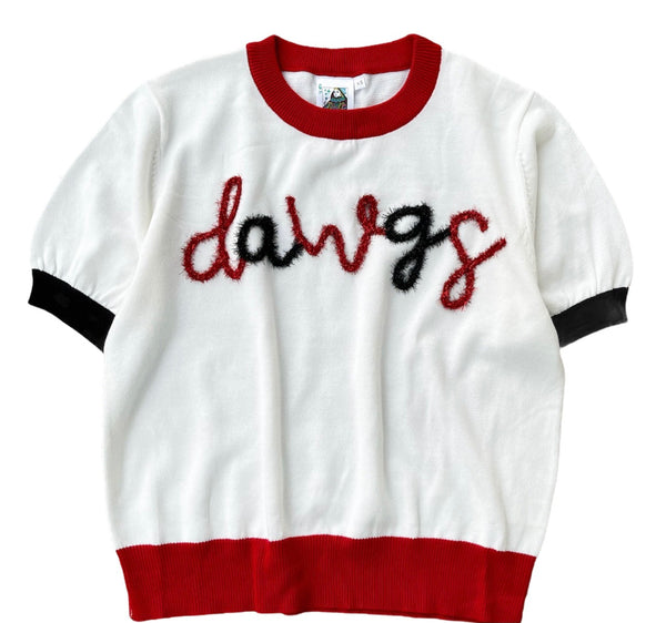 White/Red/Black 'Dawgs' Short Sleeve Glitter Script Sweater