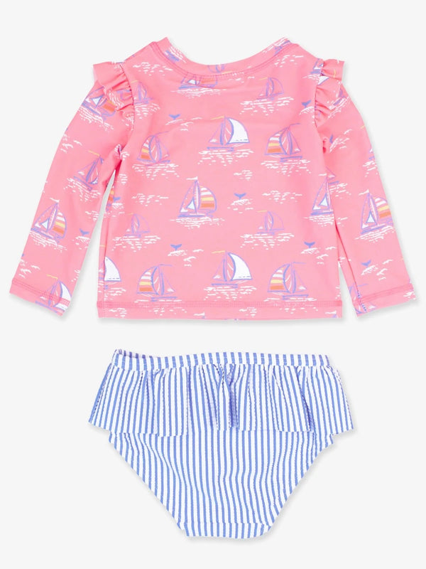 Skirted Flutter Rash Guard Bikini- Pink Seas The Day