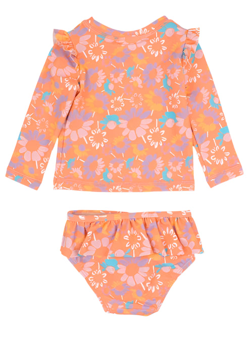 Coral Floral Skirted Flutter Rash Guard Bikini