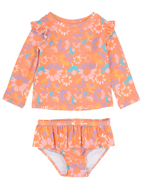 Coral Floral Skirted Flutter Rash Guard Bikini