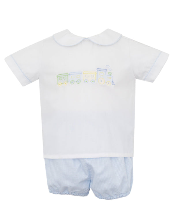 Train Diaper Set- Lt. Blue Mini Gingham