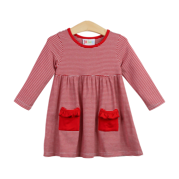 Pocket LS Dress- Red Stripe