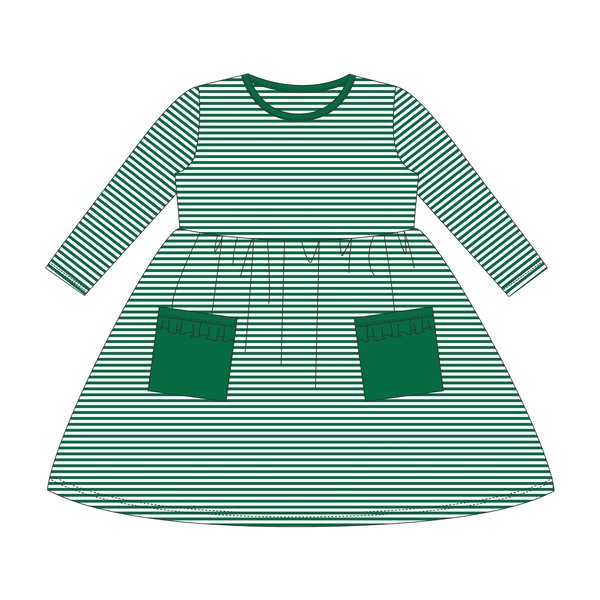 Pocket LS Dress- Green Stripe