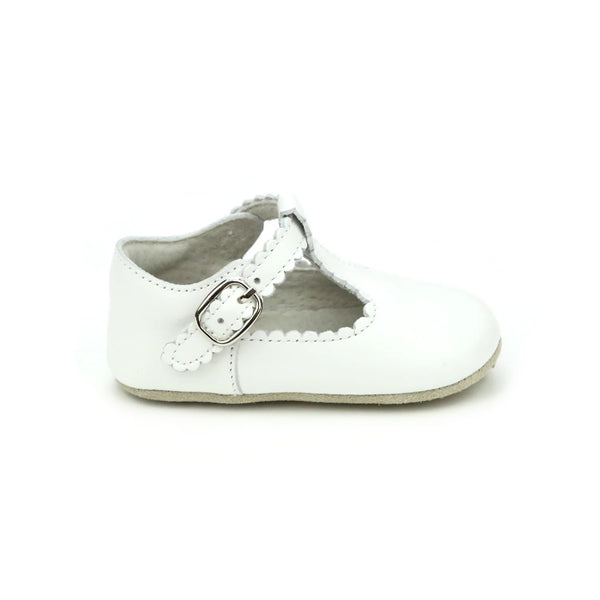 Elodie Scalloped T-Strap Mary Jane Crib Shoe- White