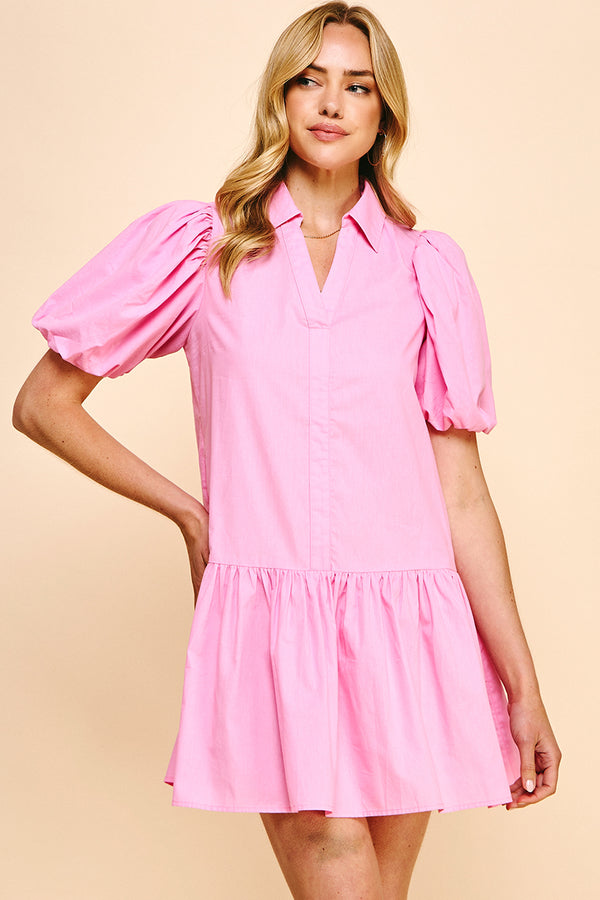 Collared Tiered Mini Dress- Pink