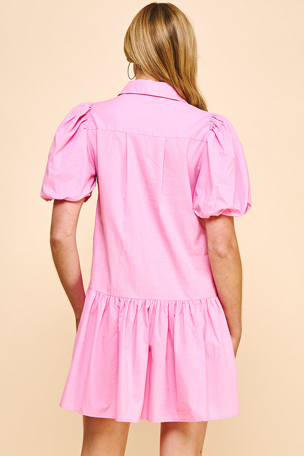 Collared Tiered Mini Dress- Pink