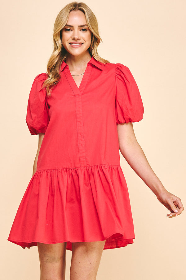 Collared Tiered Mini Dress- Tomato