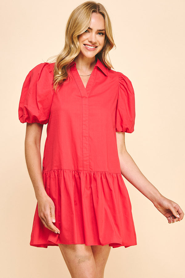 Collared Tiered Mini Dress- Tomato