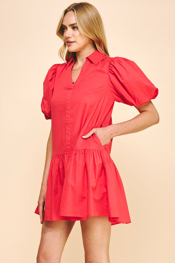 Collared Tiered Mini Dress- Tomato