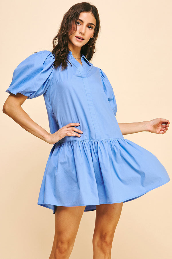 Collared Tiered Mini Dress- Urban Blue