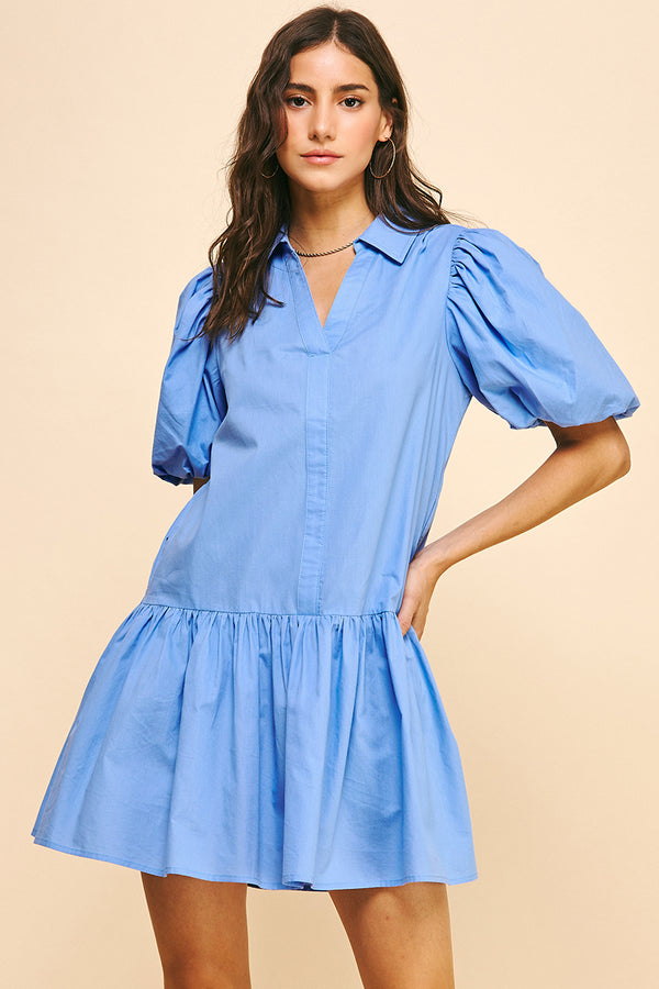 Collared Tiered Mini Dress- Urban Blue