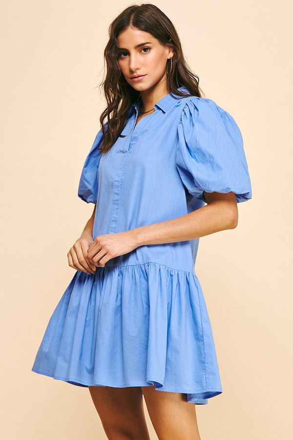 Collared Tiered Mini Dress- Urban Blue