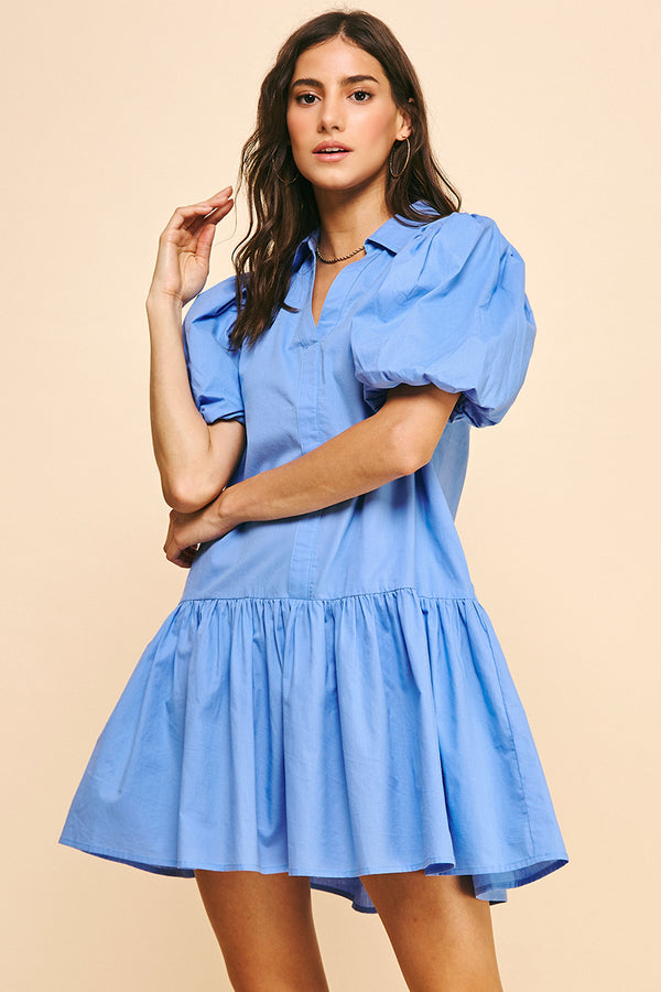 Collared Tiered Mini Dress- Urban Blue