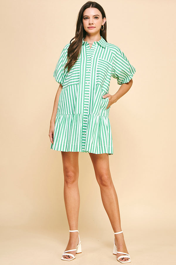 Striped Button-Down Mini Dress- Green