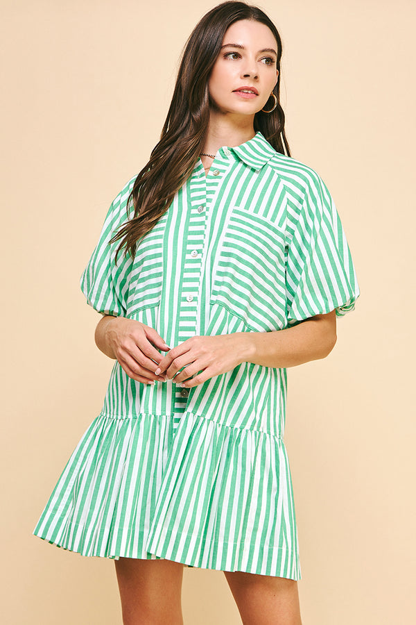 Striped Button-Down Mini Dress- Green