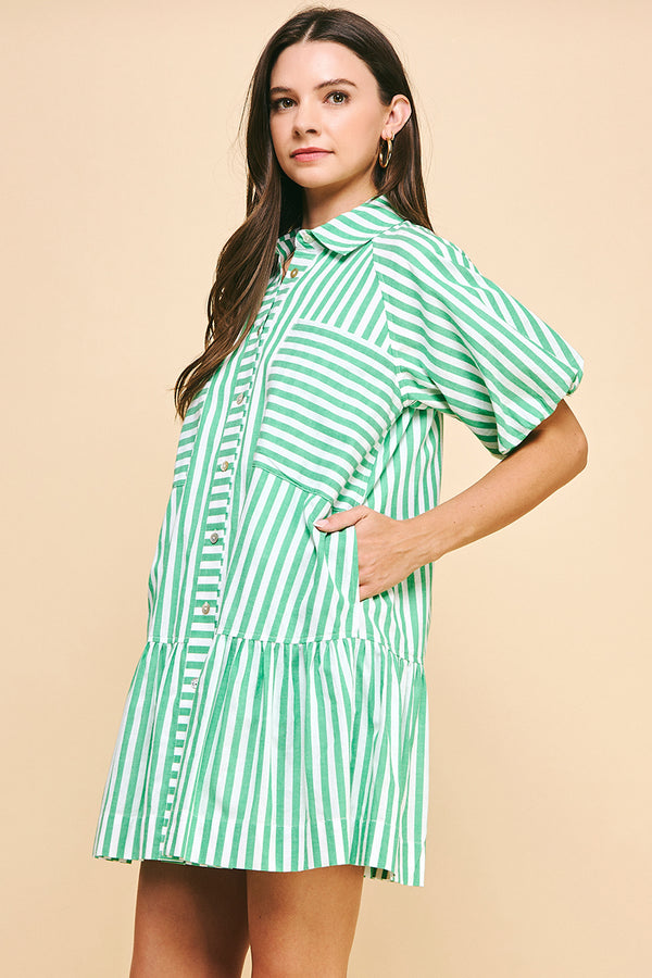 Striped Button-Down Mini Dress- Green