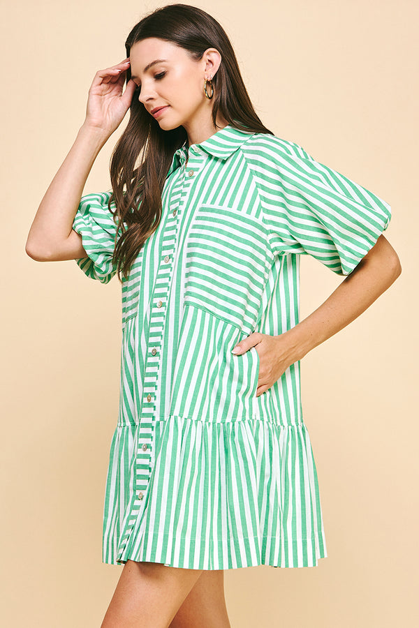 Striped Button-Down Mini Dress- Green