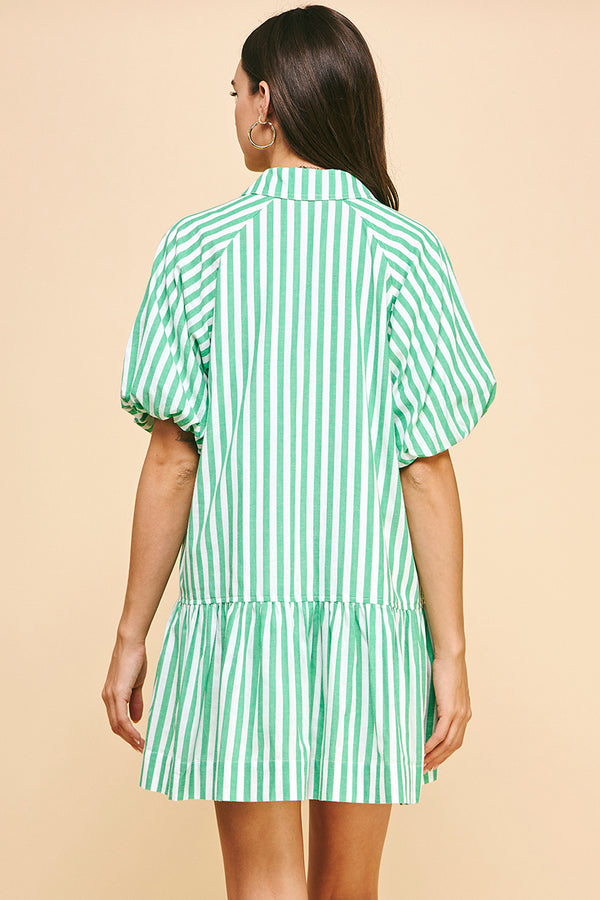 Striped Button-Down Mini Dress- Green