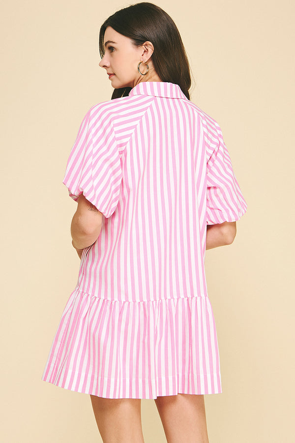 Striped Button-Down Mini Dress- Pink