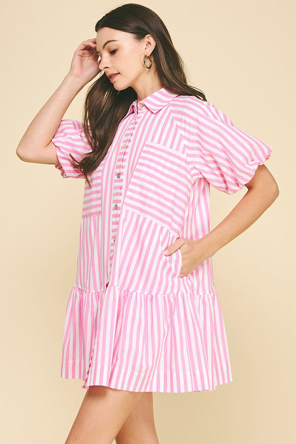 Striped Button-Down Mini Dress- Pink