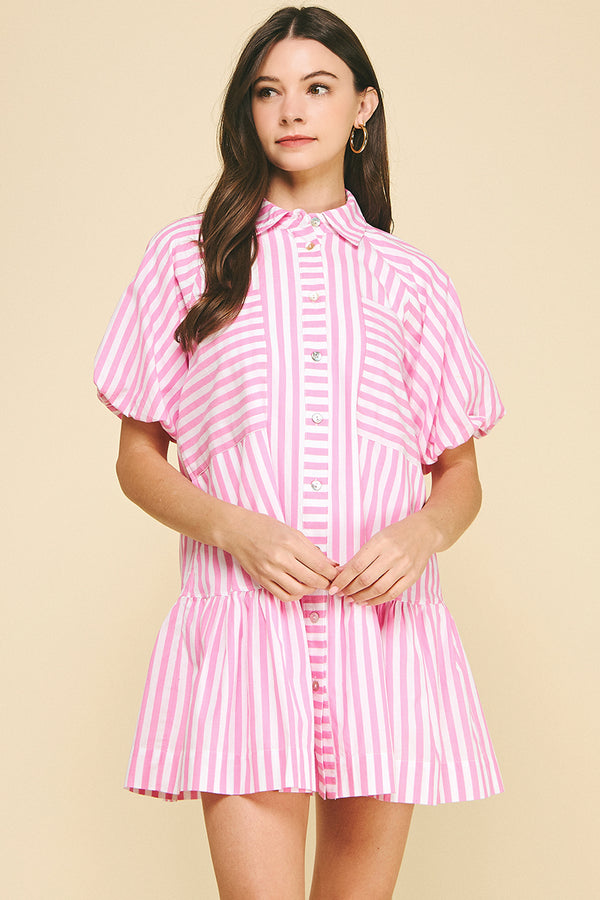 Striped Button-Down Mini Dress- Pink