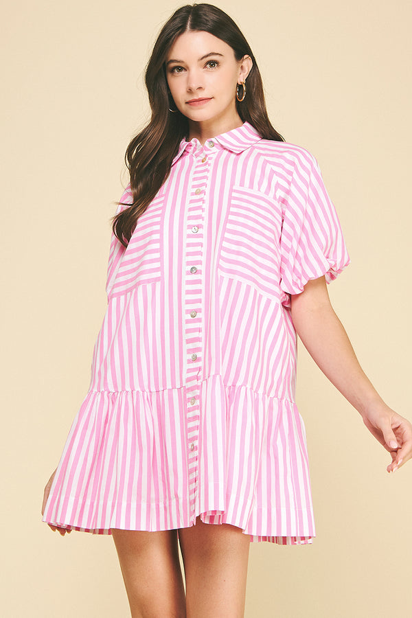 Striped Button-Down Mini Dress- Pink