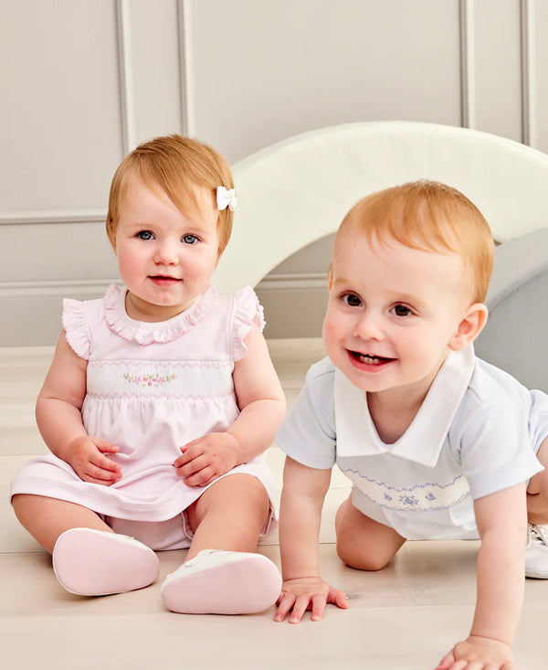 Flowers W/ Hand Smocked Dress Set- Stripe Pink