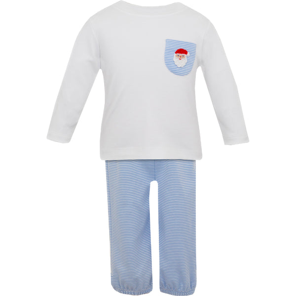 Santa's Face Knit Pants Set- Blue & White Stripe