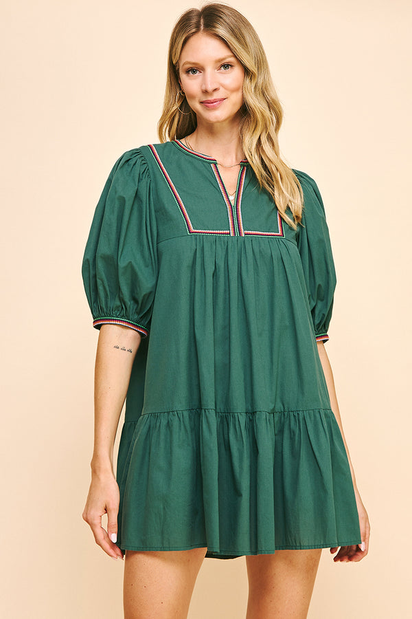 Tape Trim Dress- Hunter Green