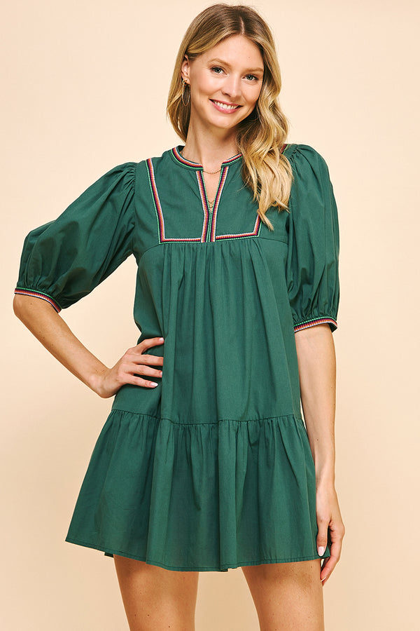 Tape Trim Dress- Hunter Green