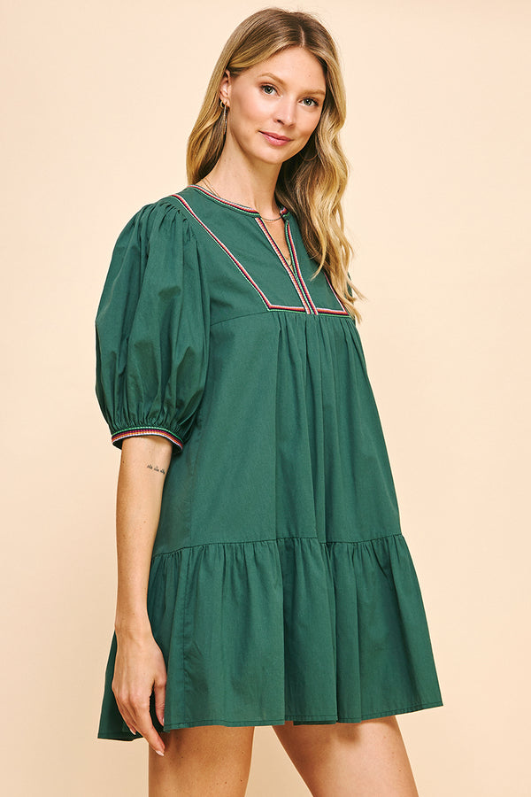 Tape Trim Dress- Hunter Green