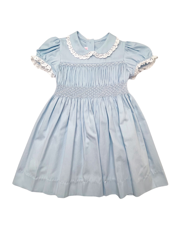 Smocked Polly Dress- Blue Rib w/ White