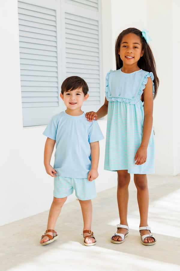 Amelia Dress- Light Blue with Mint Stripe