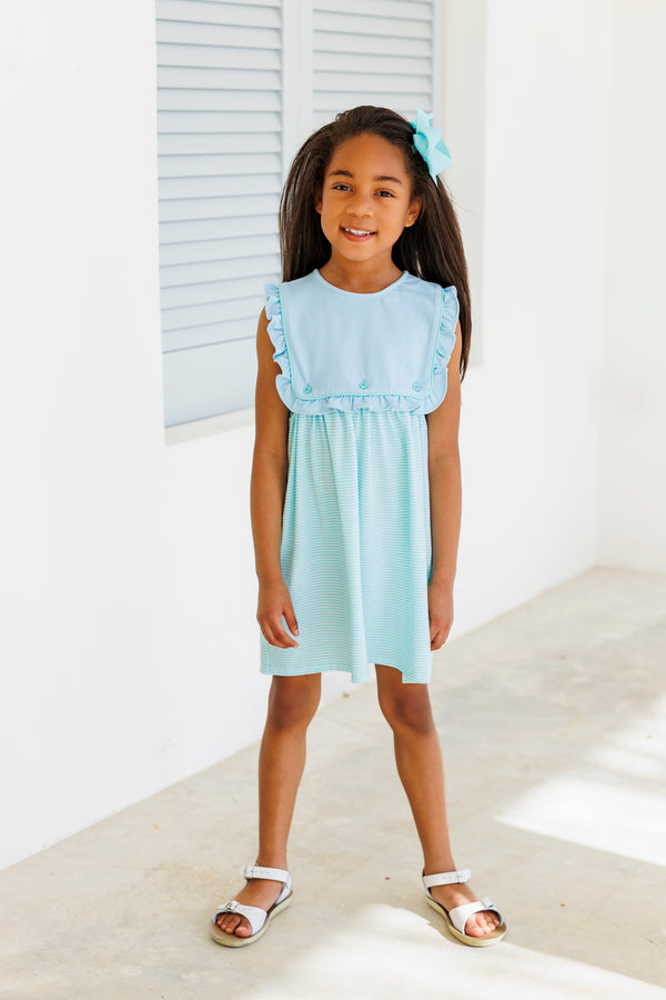 Amelia Dress- Light Blue with Mint Stripe