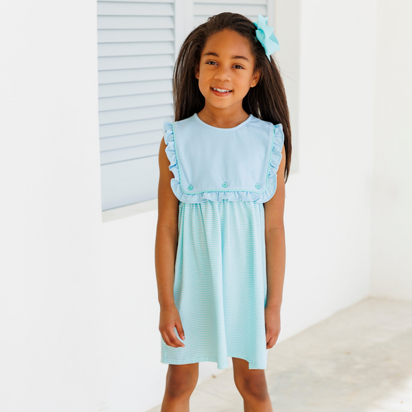 Amelia Dress- Light Blue with Mint Stripe