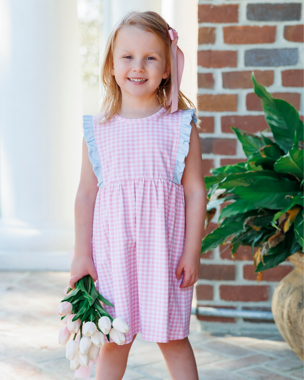 Evie Dress- Pink Gingham and Light Blue