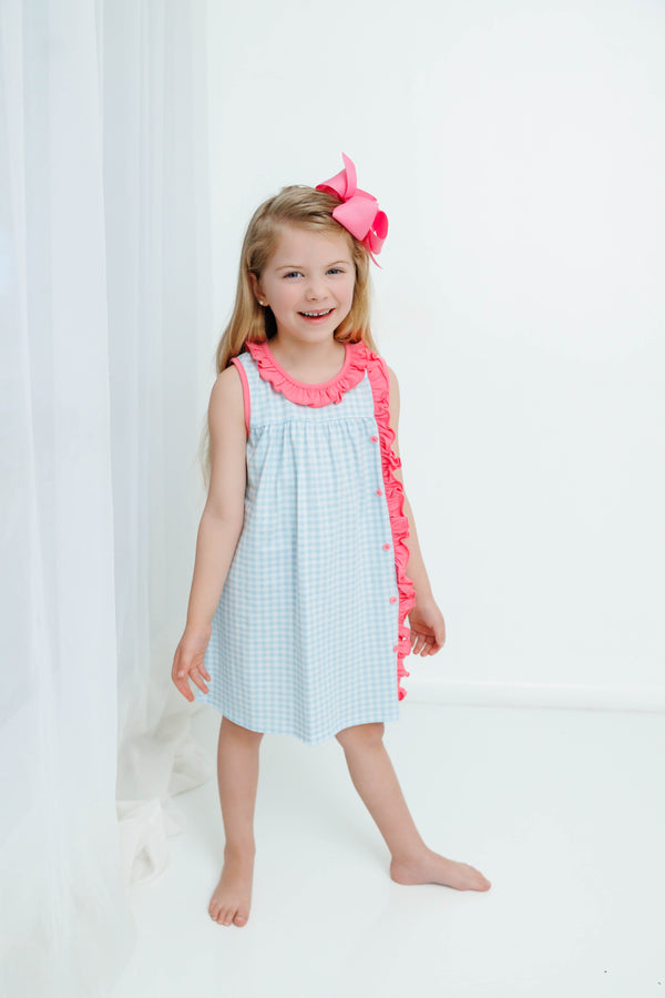 Clara Sleeveless Dress- Blue Gingham And Pink