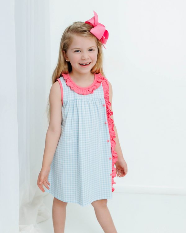 Clara Sleeveless Dress- Blue Gingham And Pink