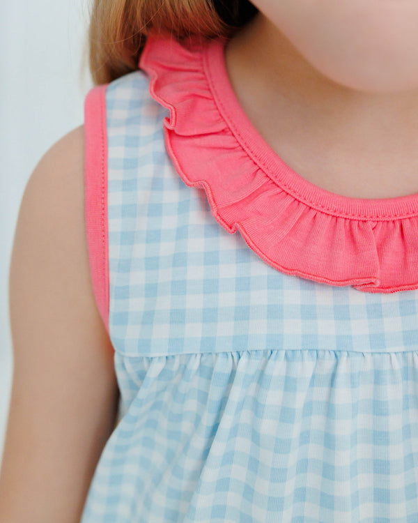 Clara Sleeveless Dress- Blue Gingham And Pink