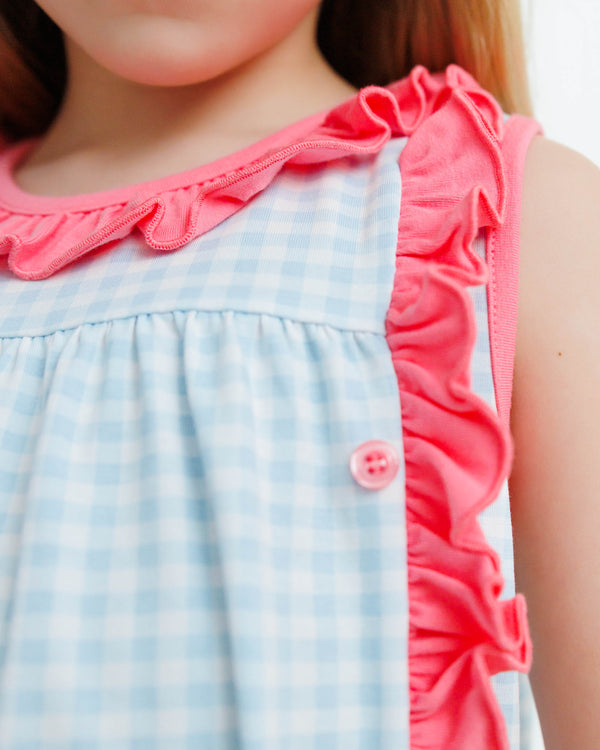 Clara Sleeveless Dress- Blue Gingham And Pink